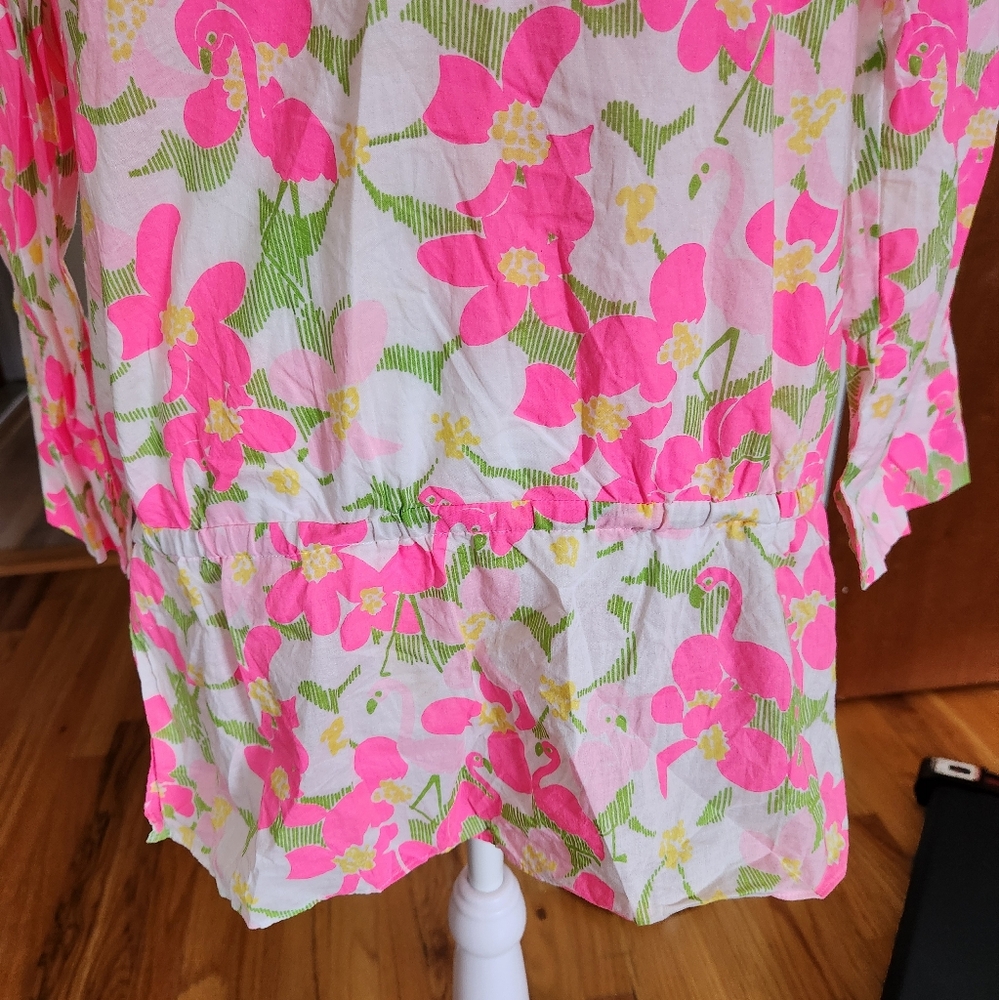 Lilly Pulitzer Floral Flamingo Roll Tab Sleeve Tunic Size 2 - Picture 7 of 10
